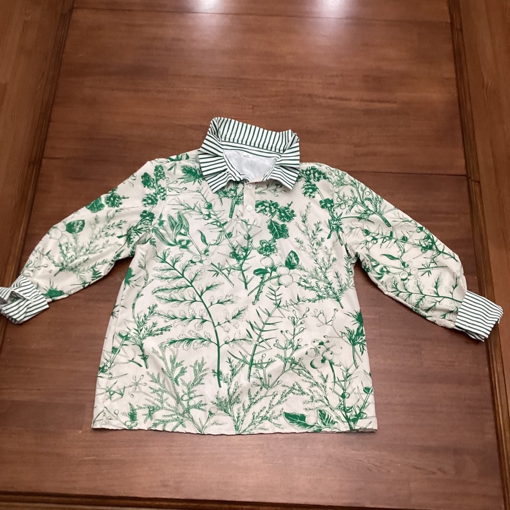 Botanical Herbal Print Long Sleeve Top Green Striped Accents Womens Medium - Picture 3 of 7